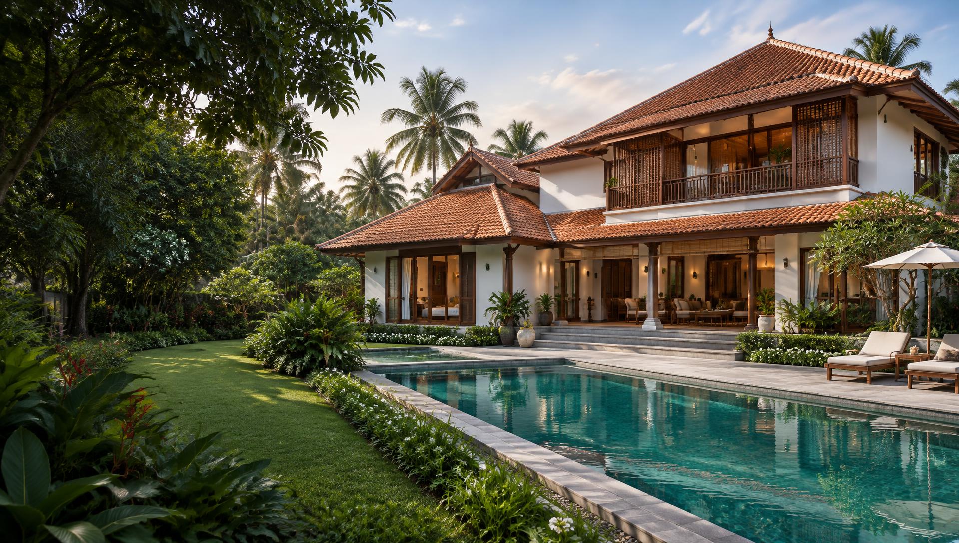 Illustrative Kerala traditional villa with a private swimming pool and tropical gardens